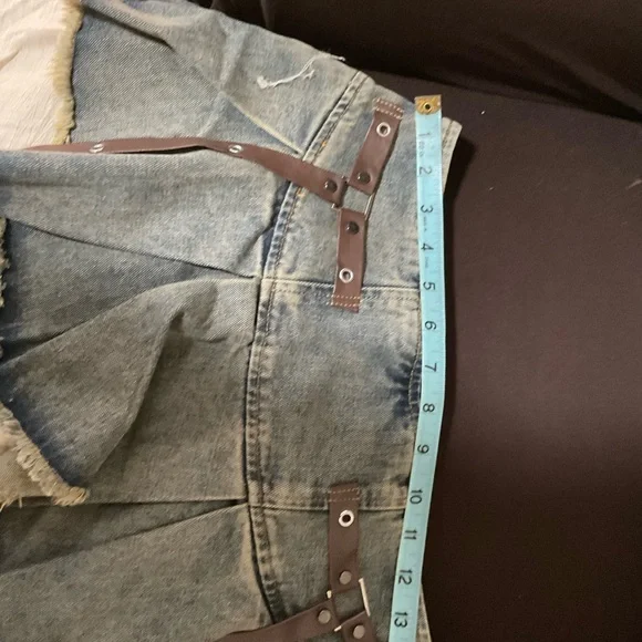 Denim and Beige Layered Skirt with Brown Straps - Picture 3 of 6